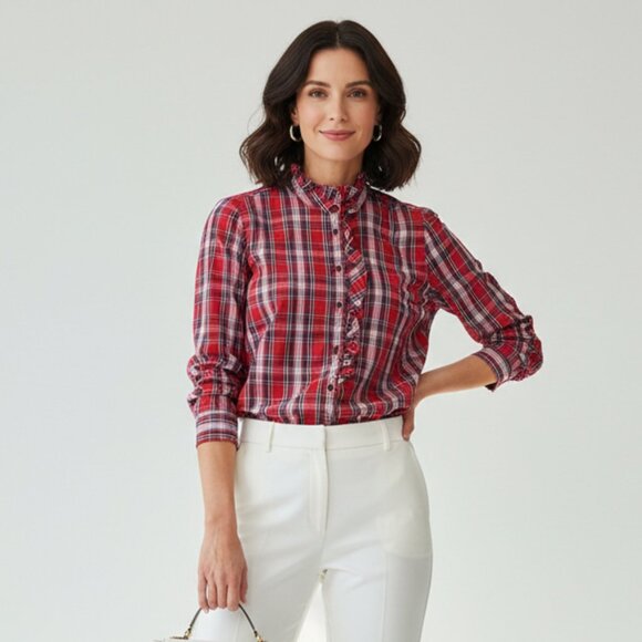 Gap Fitted Boyfriend Shirt Size Medium Red Plaid Ruffle Long Sleeve Button Up - Picture 1 of 4